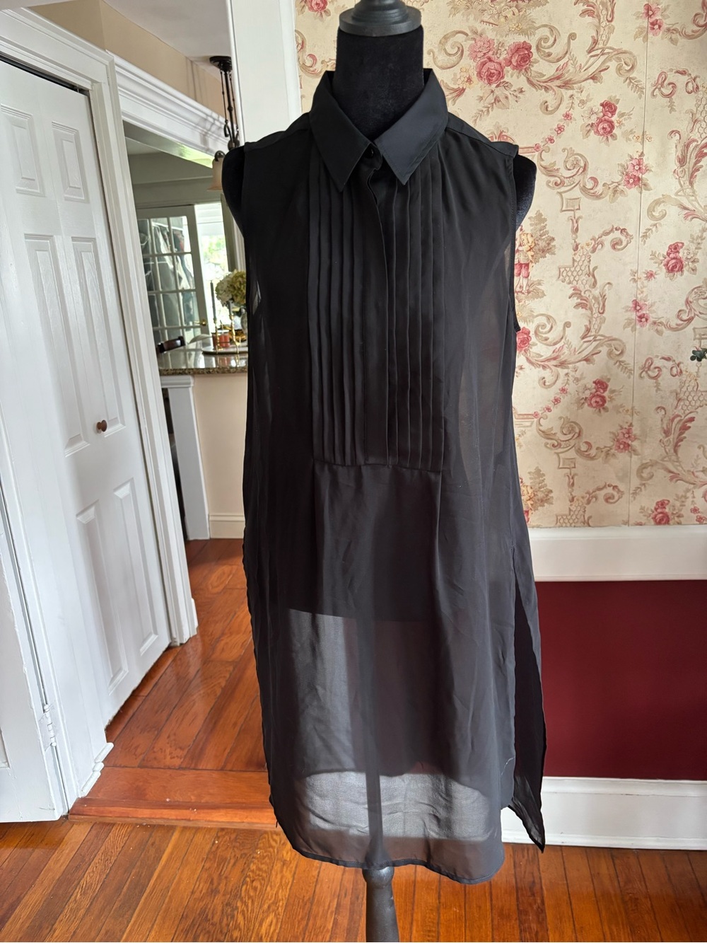 White House Black Market Black Sleeveless Pleated Sheer Blouse